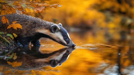 Obraz premium A badger drinking from a tranquil pond surrounded by autumn foliage.