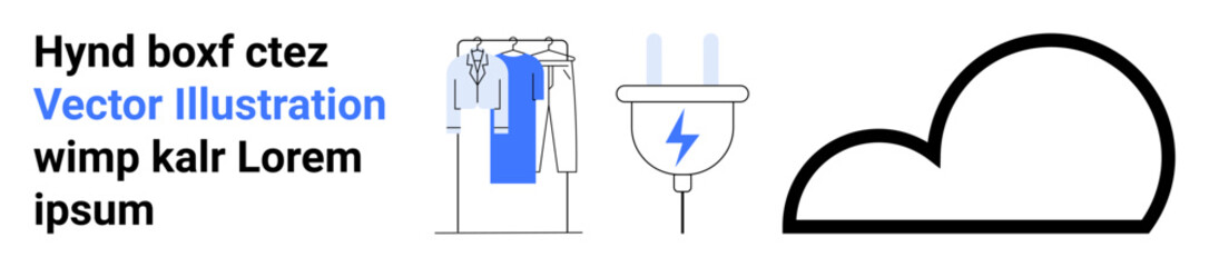 Clothes hanging on a rack, electric plug with a lightning bolt, and cloud outline. Ideal for eCommerce, technology, cloud storage, environmental themes, fashion, minimalistic design web design