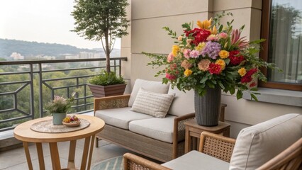 Fototapeta premium Brightly colored blooms contrast against the neutral tones of the furniture while the small balcony offers an intimate setting for friendly gatherings. Natural elements blend with