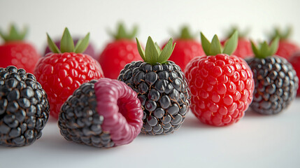 Close-up of juicy blackberries and raspberries with leaves