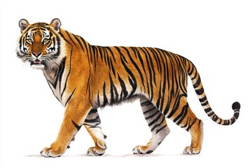 Fototapeta premium Majestic Tiger Walking Gracefully in Natural Habitat, Showcasing Distinctive Orange and Black Stripes, Capturing Strength and Beauty of This Iconic Wild Cat