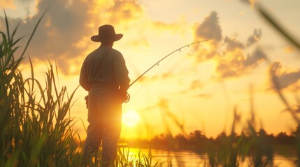 Fisherman standing under a sunrise, holding a fishing rod and wearing a hat generative ai
