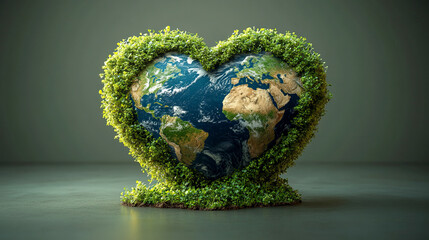 Heart-shaped earth covered in lush green foliage symbolizing global environmental conservation