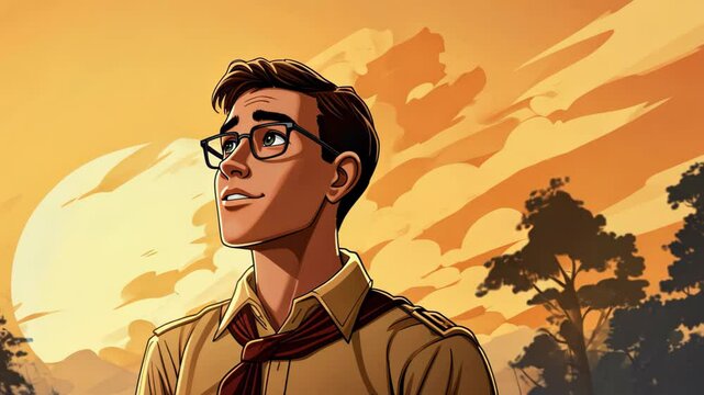 Young scout standing next to cartoon speech bubble.