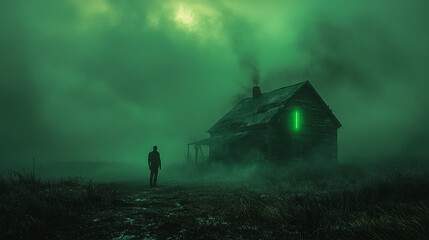 Eerie night scene with green glow and lone figure near abandoned cabin