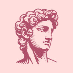 male statue, classical style, retro halftone illustration