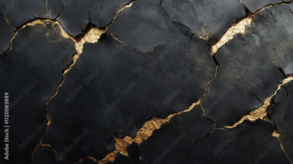 Poster a stunning display of nature's art, this cracked surface features deep black hues with intricate gol