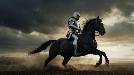 A knight on a black horse charges forward showcasing strength and valor amid dark clouds and a vibrant sunset in the background of a medieval setting