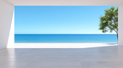 Obraz premium Modern interior with a stunning ocean view and a solitary tree.