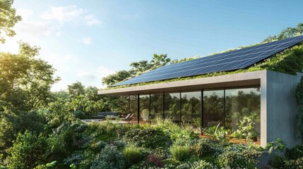 Obraz premium A modern ecofriendly green roof covered in lush vegetation and interspersed with efficient solar panels harnessing sustainable energy under a clear blue sky.