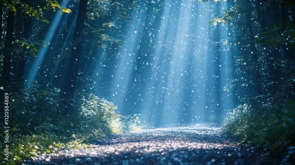 Poster sunbeams illuminate a magical forest path, dappled with light and particles.