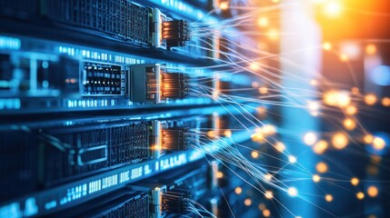 A shot of the network backbone in a server farm, with neatly organized cables and switches, illustrating the intricate connectivity that enables seamless data transfer | ACTORS: None | LOCATION TYPE: