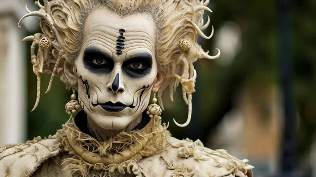 Intense portrait of a horned necromancer in a ruined courtyard with intricate armor.