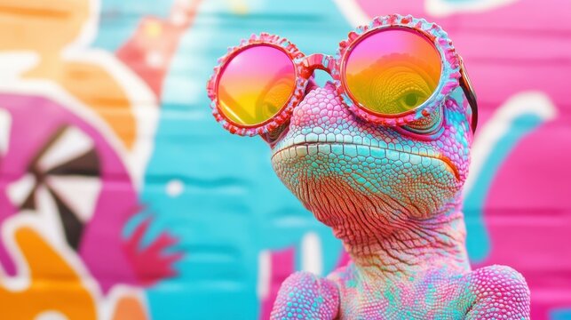 A vibrant chameleon with glasses stands out against a blurred, colorful backdrop, showcasing its unique fashion sense.