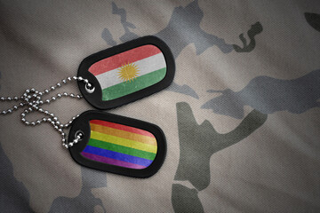 army blank, dog tag with rainbow gay pride flag and kurdistan on the khaki texture background....
