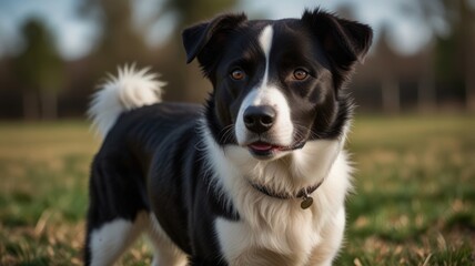 Fototapeta premium Happy black and white dog in a field.