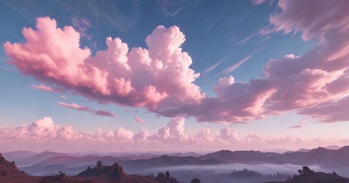 A serene pink and blue color scheme dominates this landscape as wispy clouds float gently in the sky, soft focus, cloud formations