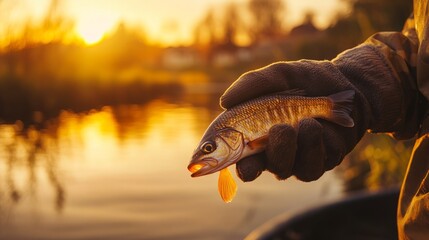 Fisherman wearing gloves, holding a caught fish against the backdrop of a sunset. generative ai