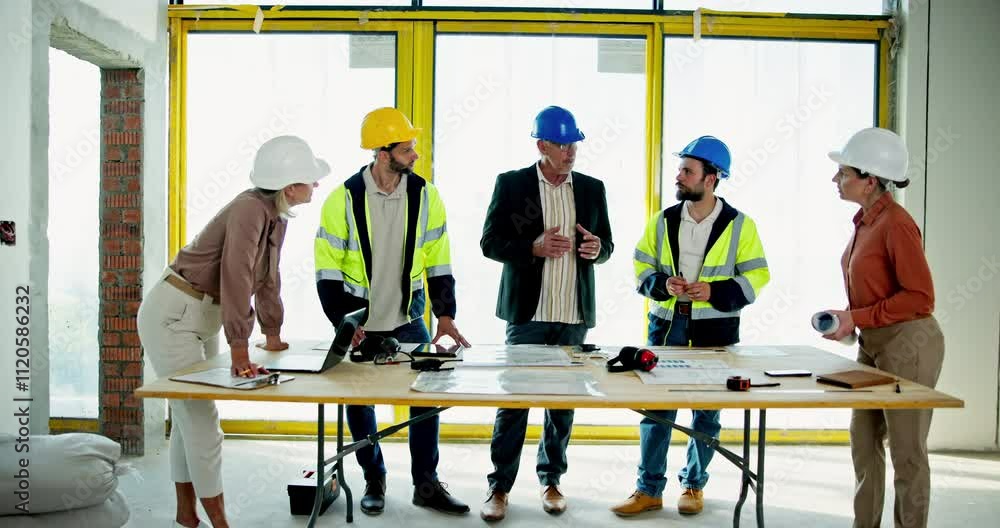 Poster blueprint, collaboration and planning with construction worker team in office for discussion. archit