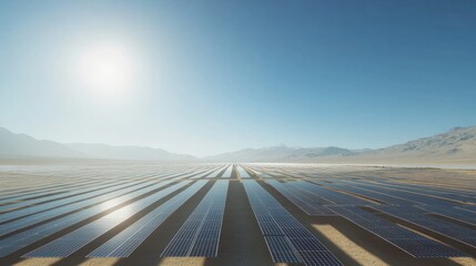 Expansive array of solar panels under pristine, cloudless sky, illustrating renewable energy and sustainability concepts, ideal for ecofriendly design elements.