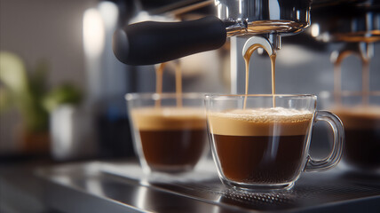 Closeup of rich espresso being poured into glass cups from a coffee machine, creating a creamy layer of froth.