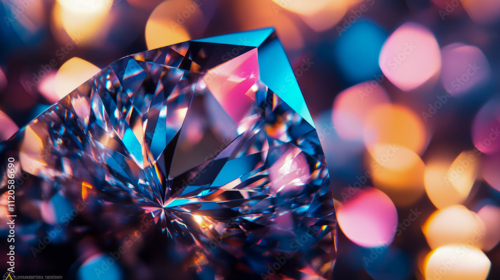 Poster sparkling faceted gemstone with colorful bokeh lighting