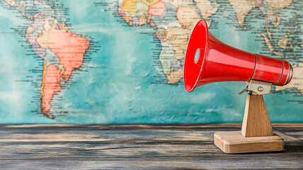A vibrant red megaphone placed on a wooden table with a colorful world map in the background. Concept of global communication and worldwide outreach.
