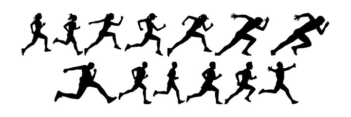 Run. Running men and women, vector set of isolated silhouettes