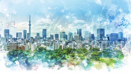 Naklejka premium Futuristic cityscape with digital network overlay, symbolizing smart city connectivity.