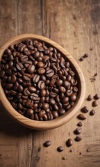 A small bowl filled with coffee beans on a vintage wooden table, beans, vintage, decor