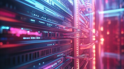 Obraz premium Server racks, electric cables and wires representing fiber optic internet equipment for a data center, technology and network background banner