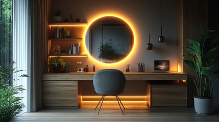 Modern minimalist vanity with illuminated mirror, wooden desk, and ambient lighting.