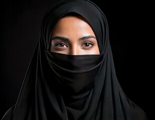 Naklejka premium portrait of an young woman with Black Veil around that mouth and headscarf on black background