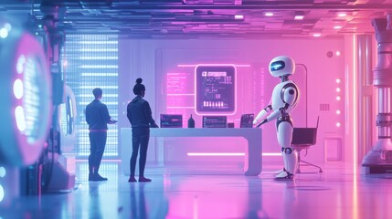 Obraz premium Two People and Robot in Futuristic Lab, Neon Lights