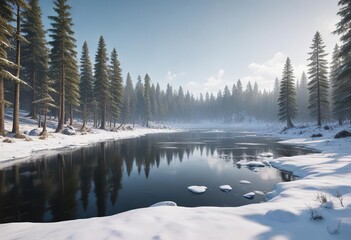 A snowy forest landscape with tall pine trees and a frozen lake in the distance, serene scenery, tall pine trees