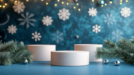 Winter holiday display with snowflakes and festive decor on blue background