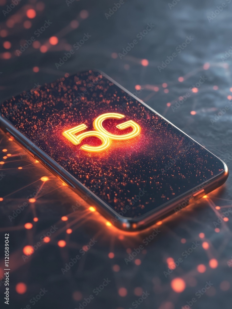 Poster 5g network internet mobile wireless concept with glowing digital 5g icon on dark backdrop with copys