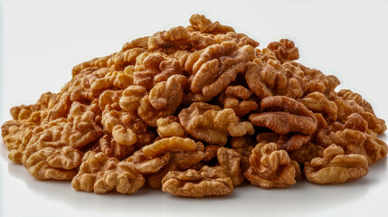 Pile of fresh brown walnuts on white background