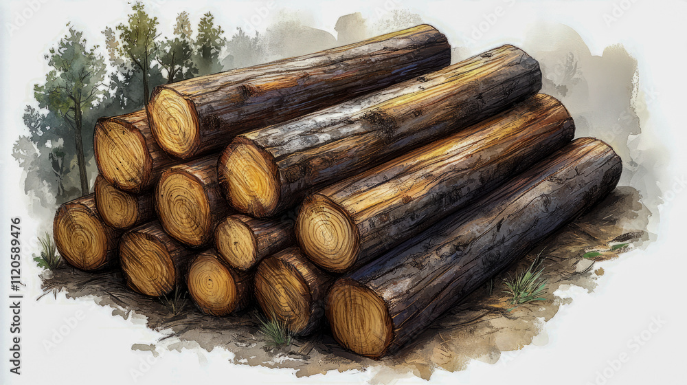 Poster stack of cut timber logs in forest setting with trees in background