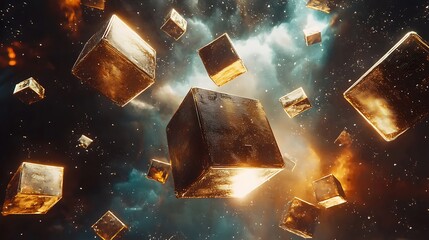 Metallic gold and bronze geometric cubes rotating in space