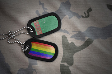 army blank, dog tag with rainbow gay pride flag and turkmenistan on the khaki texture background....