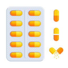 Set of blister pack with orange and yellow capsules in front and side view. Medication, remedy, drug, treatment, healthcare concept. Flat vector illustration isolated on a white background	
