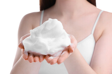 Woman with bath foam on white background, closeup
