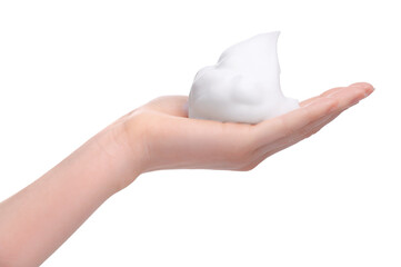 Woman with bath foam on white background, closeup