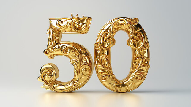 Ornate gold number 50 standing on white surface, suitable for fiftieth birthday, anniversary, or jubilee celebration