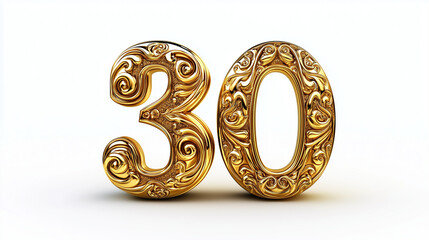 Elegant gold number 30 with ornate floral decorations, perfect for anniversary or birthday celebrations