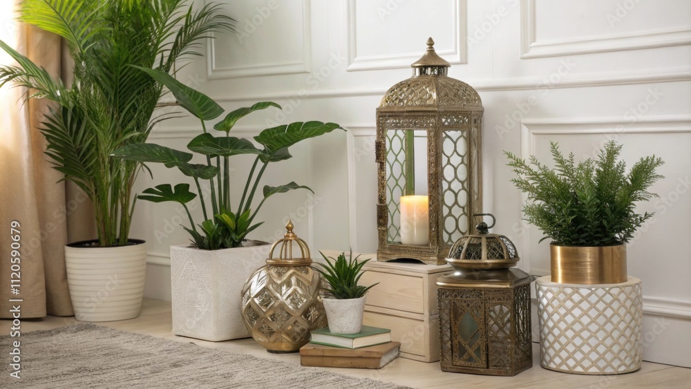 Aufkleber decorative accents such as metallic objects and greenery punctuate the room adding depth and persona