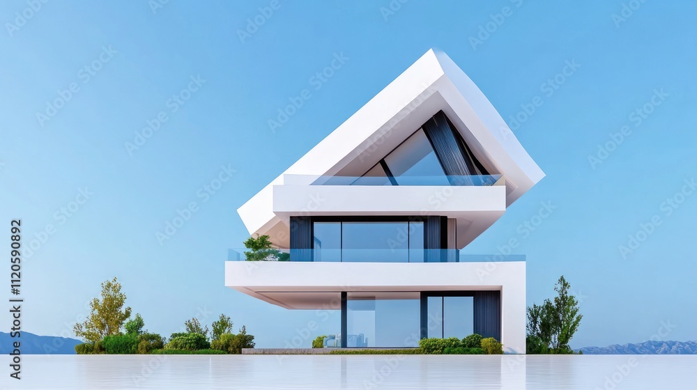 Poster modern architectural design featuring a unique angular house.
