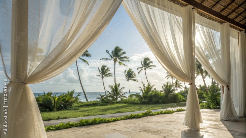 Poster delicate curtains float lightly in the soft wind framing the picturesque views outside and adding to