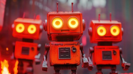 Fototapeta premium Futuristic Red Robots with Glowing Eyes in a Dystopian Industrial Setting